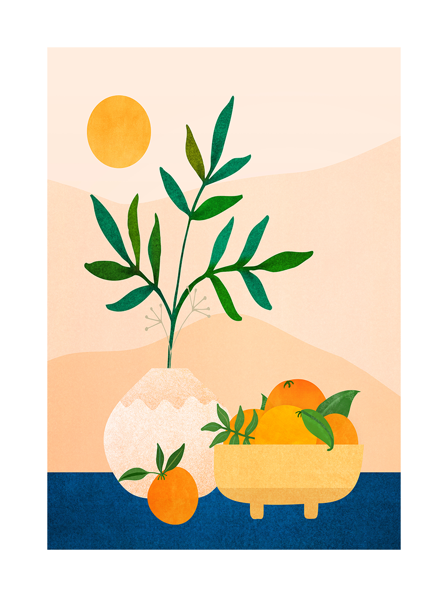 Illustration einer Schale mit Orangen und einer Vase mit grünen Blättern vor einem sonnigen Hintergrund.