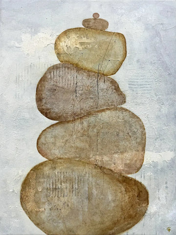 Illustration von gestapelten Steinen in Beige- und Brauntönen vor einem grauen Hintergrund.