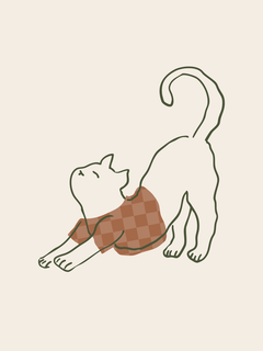 Illustration einer Katze in einem karierten Pullover, die sich streckt, auf beigem Hintergrund.