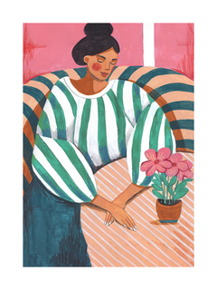 Illustration einer Frau in einem gestreiften Hemd auf einem gestreiften Stuhl mit Blumenstrauß auf dem Tisch.