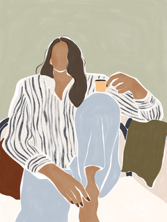 Illustration einer Frau mit braunen Haaren in gestreifter Bluse und blauen Jeans, die eine Tasse hält, vor grünem Hintergrund.