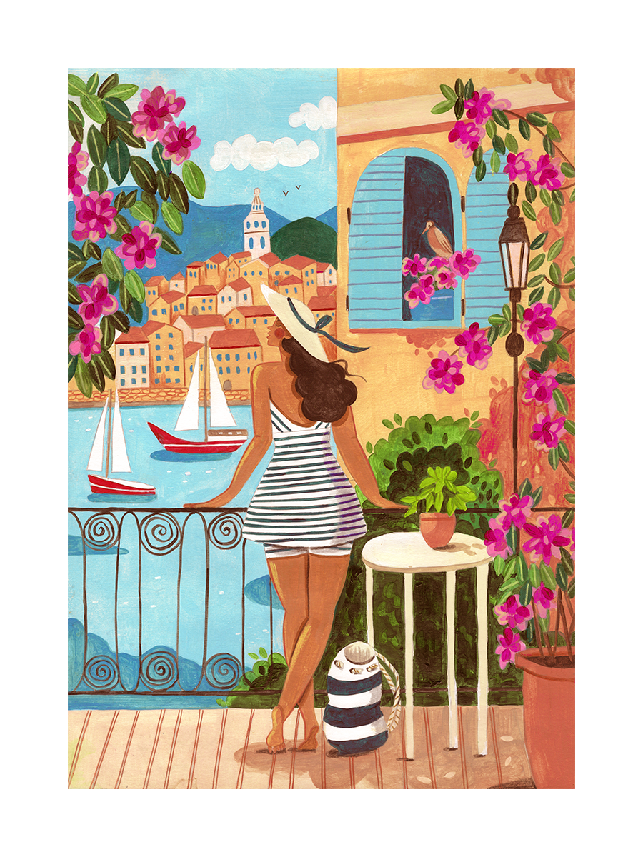 Illustration einer Frau in einem gestreiften Kleid auf einem Balkon mit Blick auf eine Stadt am Wasser.