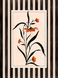 Schwarz-weiß gestreiftes Poster mit orangefarbenen Blumen und schwarzen Blättern.