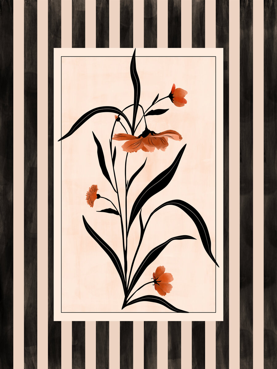 Schwarz-weiß gestreiftes Poster mit orangefarbenen Blumen und schwarzen Blättern.