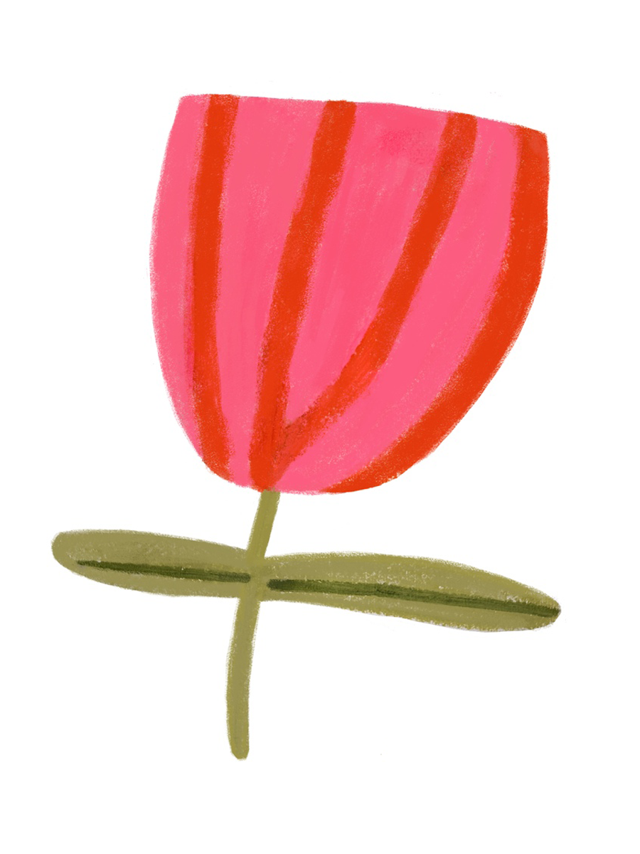 Minimalistisches Poster einer rosa Blume mit grünen Blättern auf weißem Hintergrund.