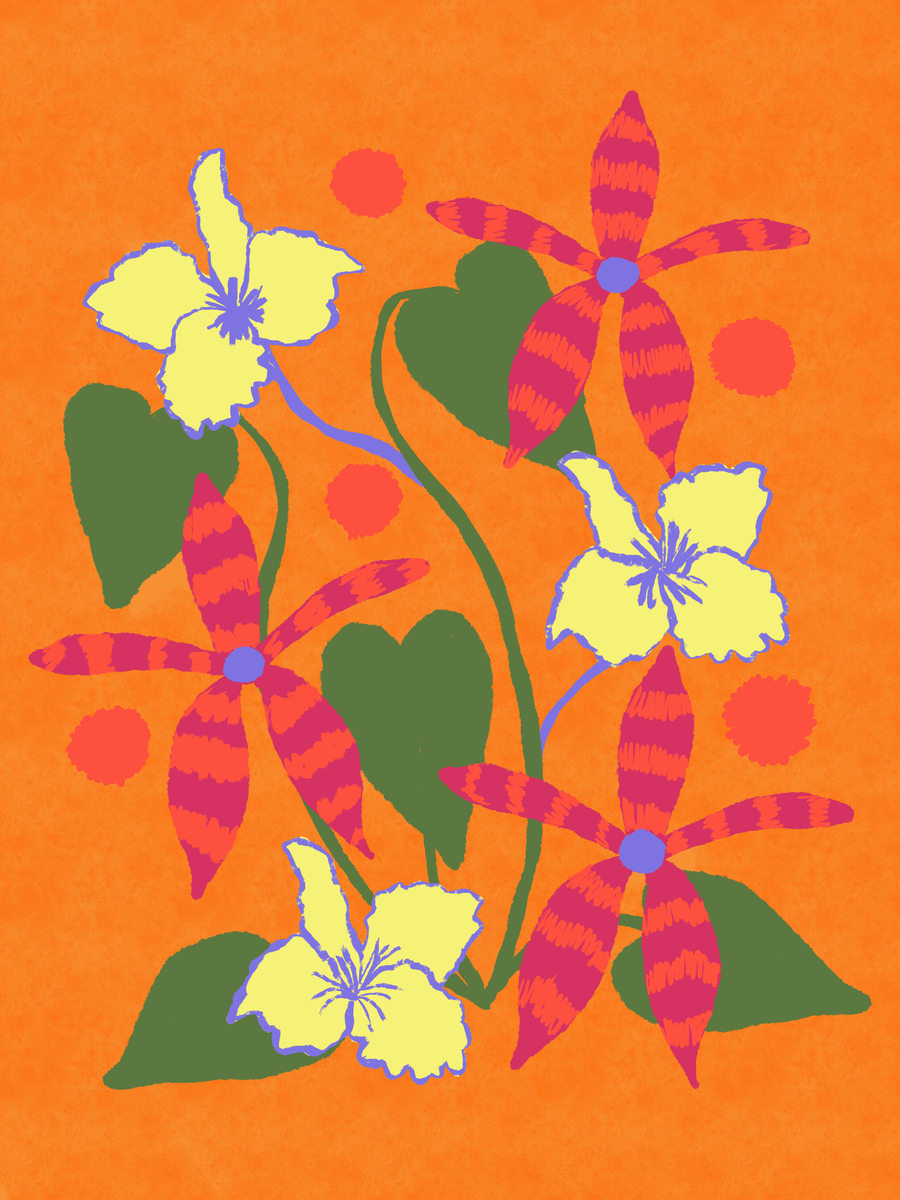 Poster mit gelben und rot gestreiften Blumen auf einem orangefarbenen Hintergrund.