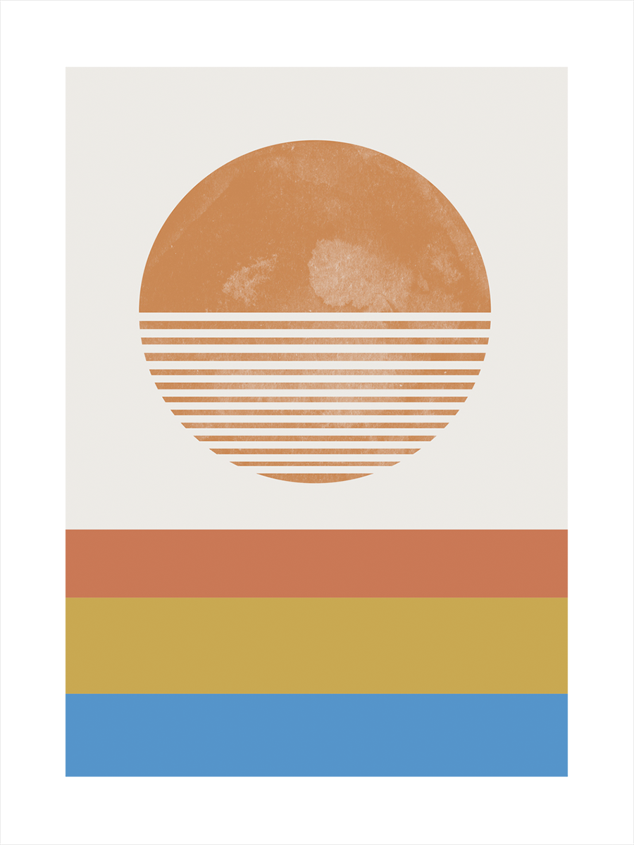 Grafik mit gestreiftem Kreis vor gestreiftem Hintergrund in Braun, Gelb und Blau auf grauem Hintergrund.