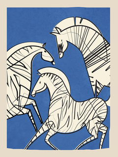 Illustration von drei weißen Pferden mit schwarzen Streifen auf blauem Hintergrund.