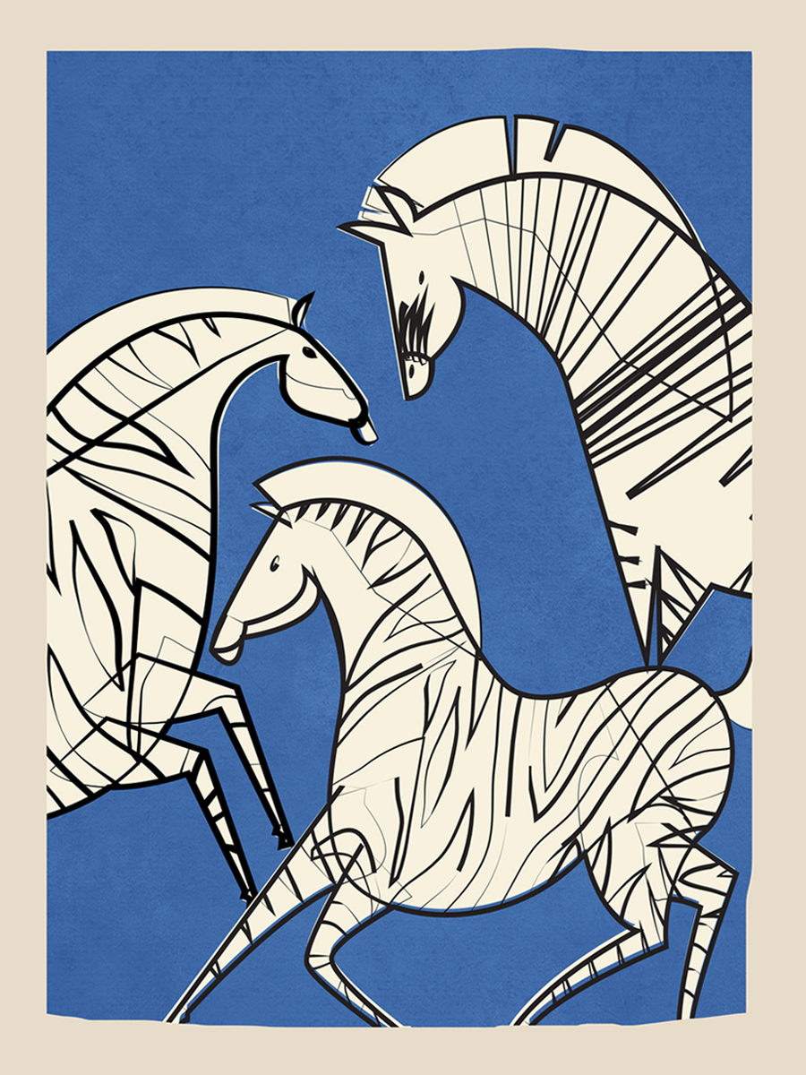 Illustration von drei weißen Pferden mit schwarzen Streifen auf blauem Hintergrund.