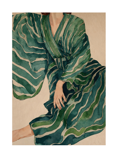 Illustration einer Frau in einem gestreiften Kimono in Grün und Blau.