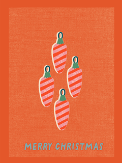 Poster mit rot gestreiften Weihnachtsornamenten und dem Text "Merry Christmas" auf rotem Hintergrund.