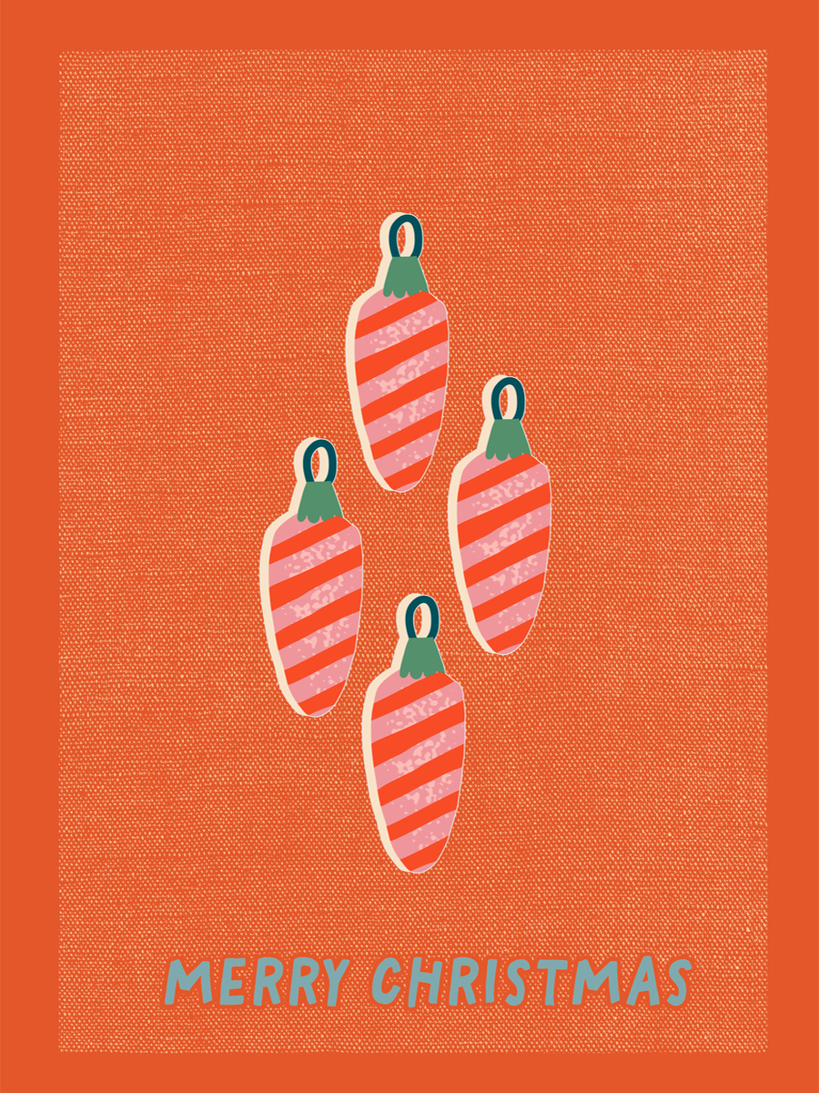 Poster mit rot gestreiften Weihnachtsornamenten und dem Text "Merry Christmas" auf rotem Hintergrund.