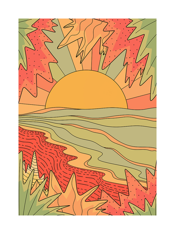 Abstrakte Illustration eines Sonnenuntergangs in Orange und Rot mit blattähnlichen Formen.