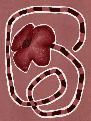 Illustration einer roten Blume mit gestreiftem Stiel auf staubigem rosa Hintergrund.