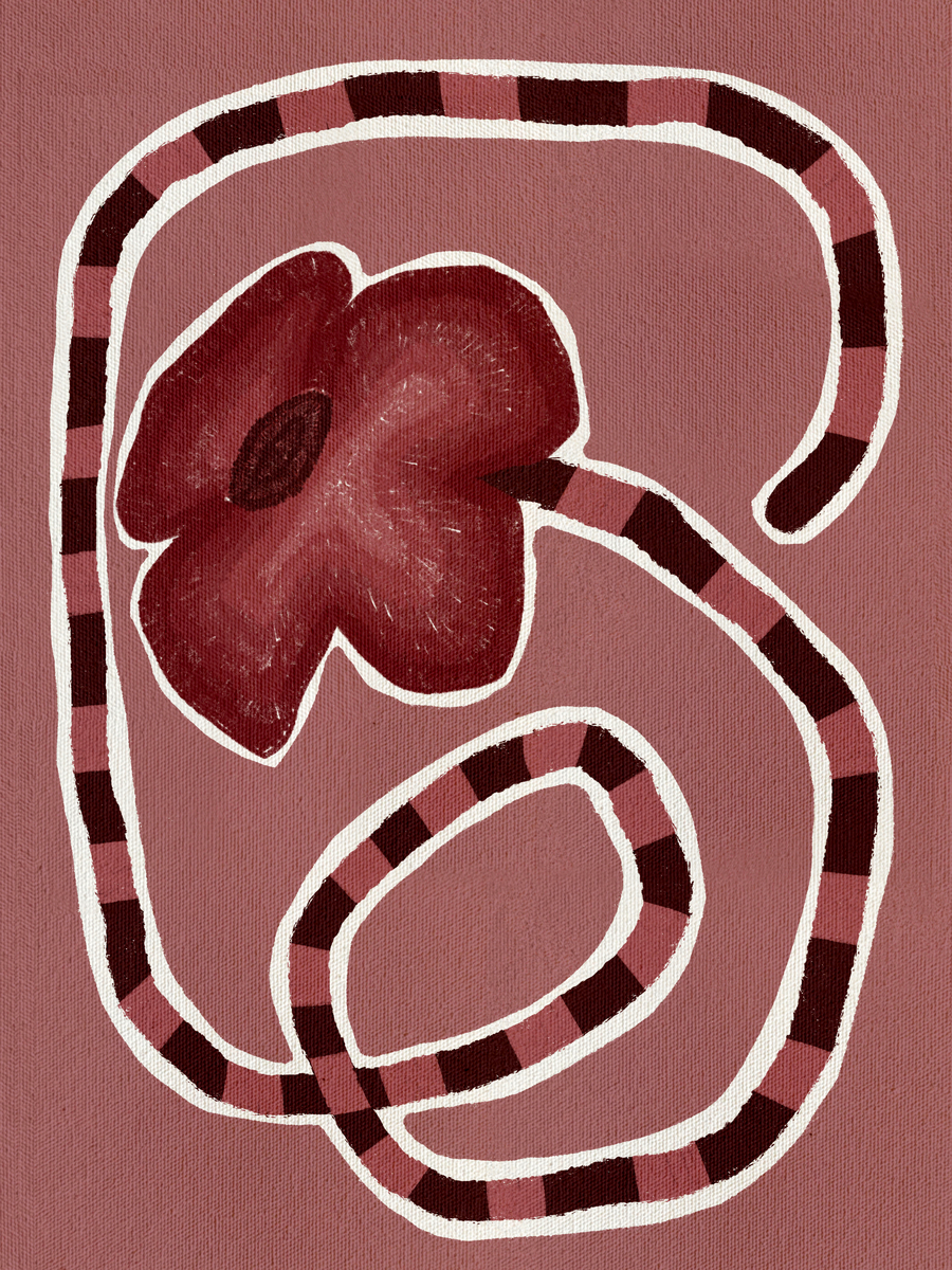 Illustration einer roten Blume mit gestreiftem Stiel auf staubigem rosa Hintergrund.