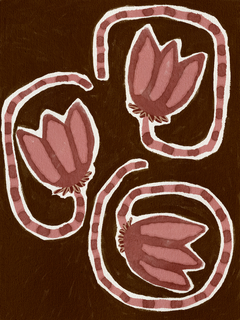 Poster mit drei stilisierten rosa Blüten auf dunkelbraunem Hintergrund.