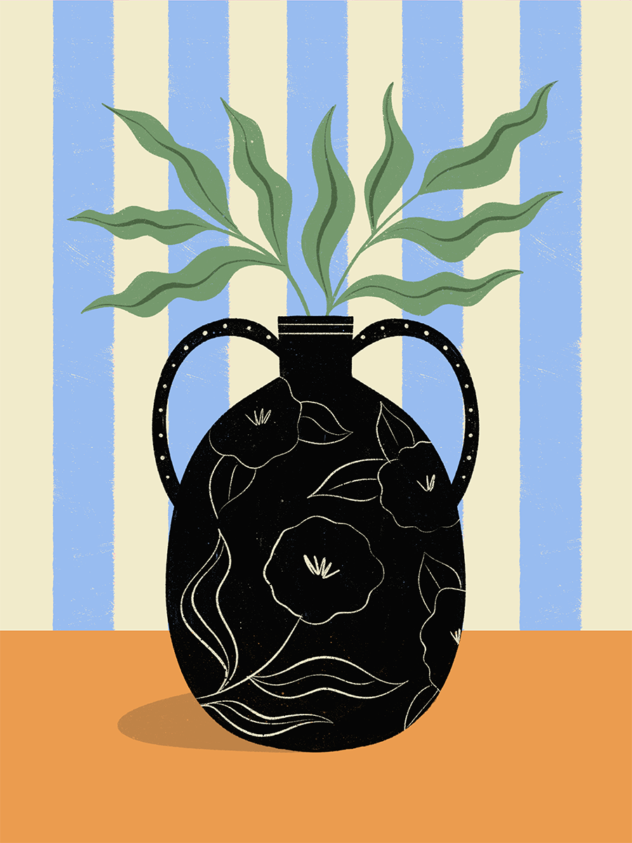 Illustration einer schwarzen Vase mit Blumenmuster und grünen Blättern vor einem blau gestreiften Hintergrund.