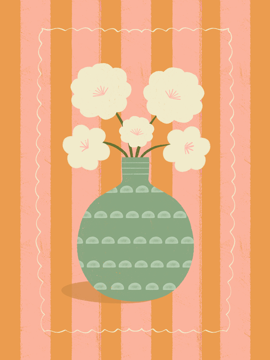 Poster einer grünen Vase mit Blumen vor einem gestreiften Hintergrund in Orange und Rosa.