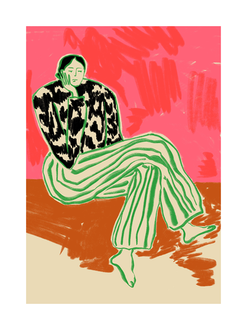 Illustration einer Frau in einem gestreiften Anzug vor einem roten Hintergrund.