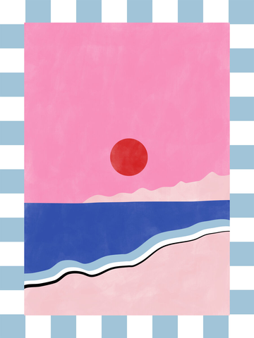 Poster eines Sonnenuntergangs mit roter Sonne, pinkem Himmel, blauem Meer und rosa Strand, umrahmt von blau-weißen Streifen.