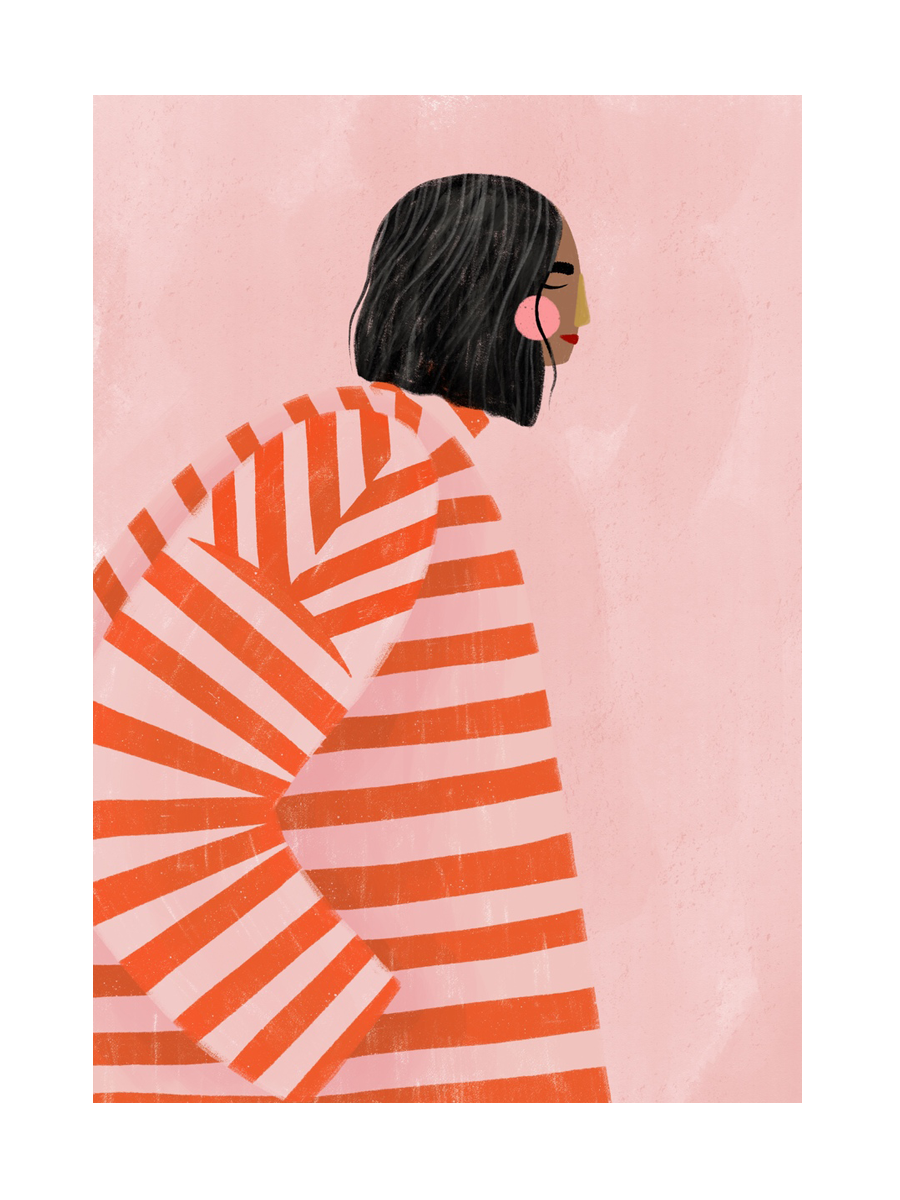 Illustration einer Frau mit schwarzem Haar in einem rot-weiß gestreiften Pullover vor einem rosa Hintergrund.