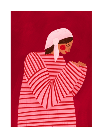 Frau in gestreiftem Pullover und weißem Kopftuch vor rotem Hintergrund.