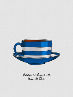 Illustration einer blau-weiß gestreiften Teetasse mit dem Text „keep calm and drink tea“.