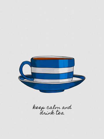 Illustration einer blau-weiß gestreiften Teetasse mit dem Text „keep calm and drink tea“.