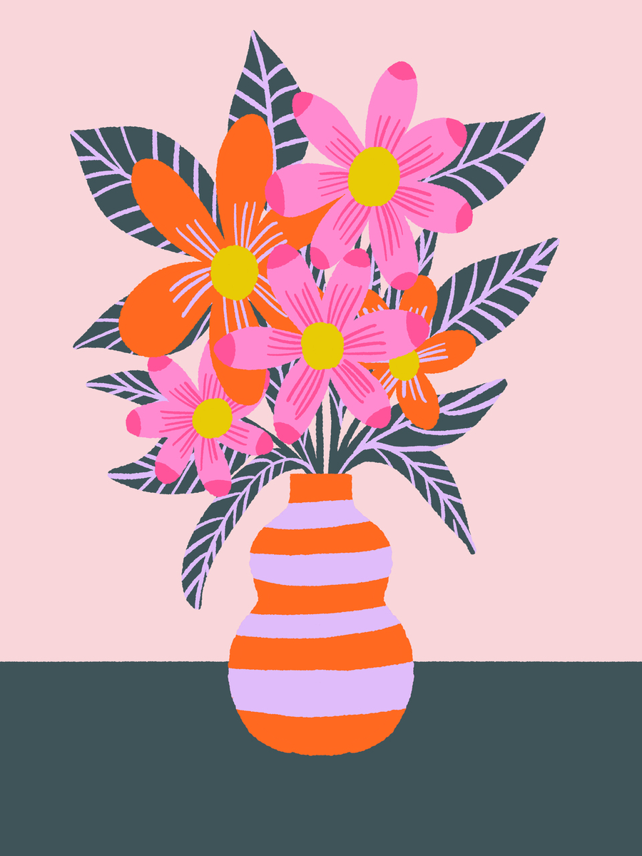 Poster eines Blumenstraußes in einer gestreiften Vase mit orange-pinken Blumen und rosa-dunkelgrauem Hintergrund.