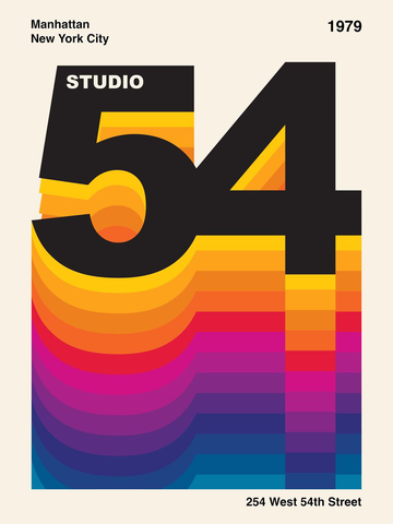 Poster mit der Zahl 54 in Schwarz, umgeben von leuchtenden Farben und Texten zu Studio 54.