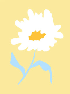 Eine abstrakte Illustration einer weißen Blume mit gelber Mitte auf einem pastellgelben Hintergrund.