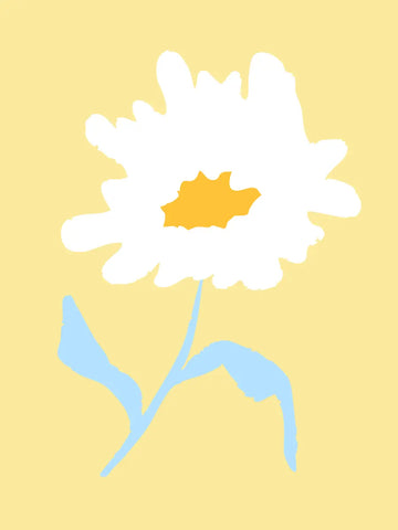 Eine abstrakte Illustration einer weißen Blume mit gelber Mitte auf einem pastellgelben Hintergrund.