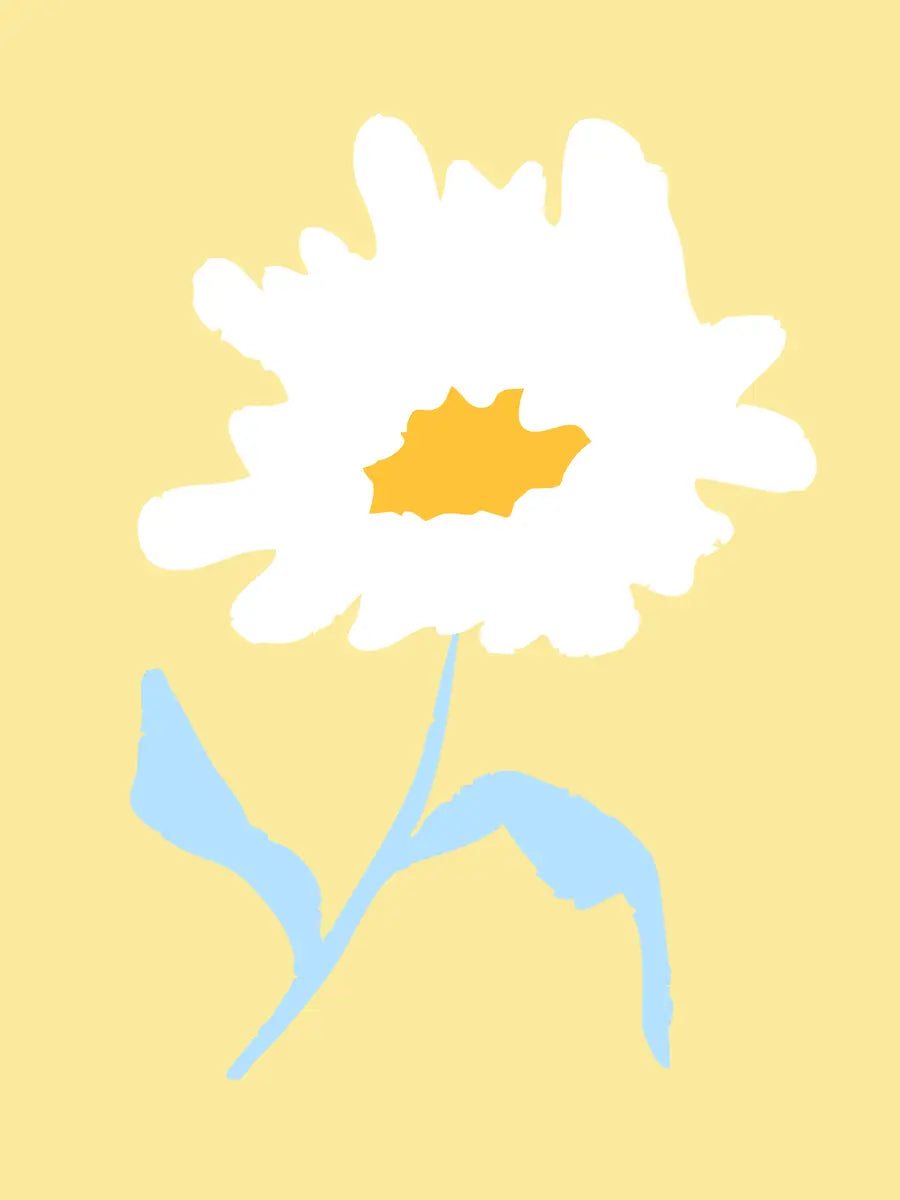 Eine abstrakte Illustration einer weißen Blume mit gelber Mitte auf einem pastellgelben Hintergrund.