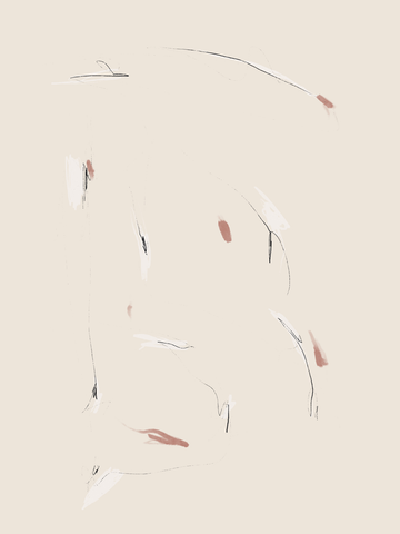 Beigefarbenes Poster mit abstrakten Linien und Formen in Weiß, Schwarz und Braun.