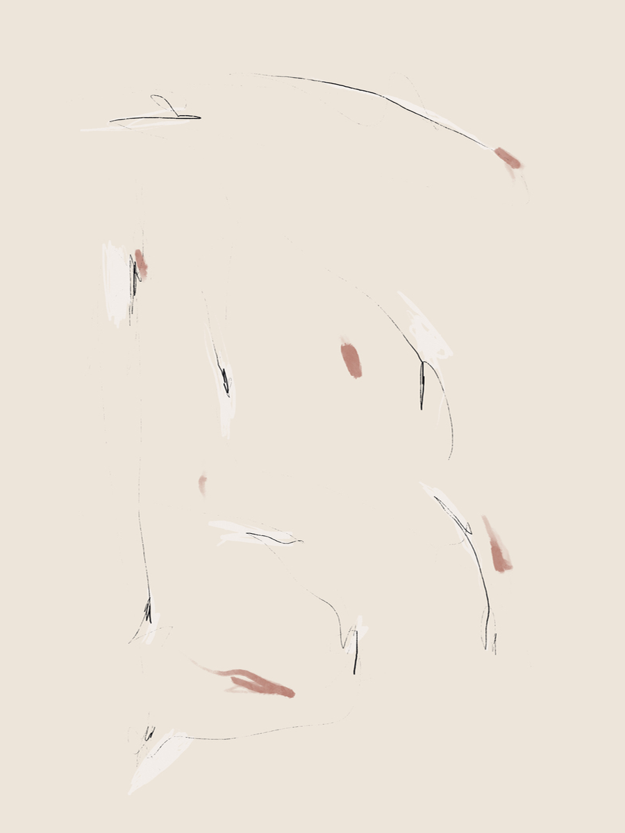 Beigefarbenes Poster mit abstrakten Linien und Formen in Weiß, Schwarz und Braun.