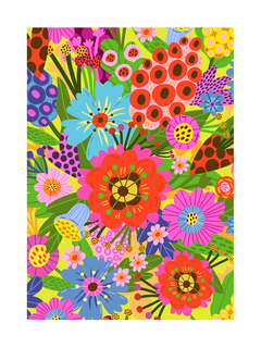 Bunte Blumenillustration auf gelbem Hintergrund.