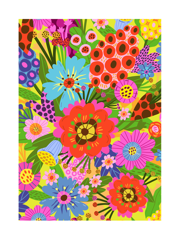 Bunte Blumenillustration auf gelbem Hintergrund.