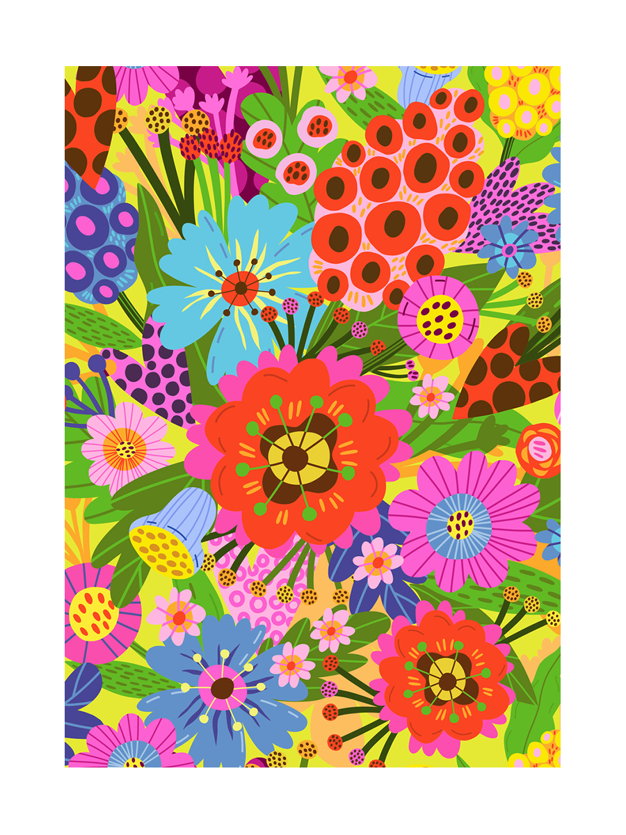 Bunte Blumenillustration auf gelbem Hintergrund.