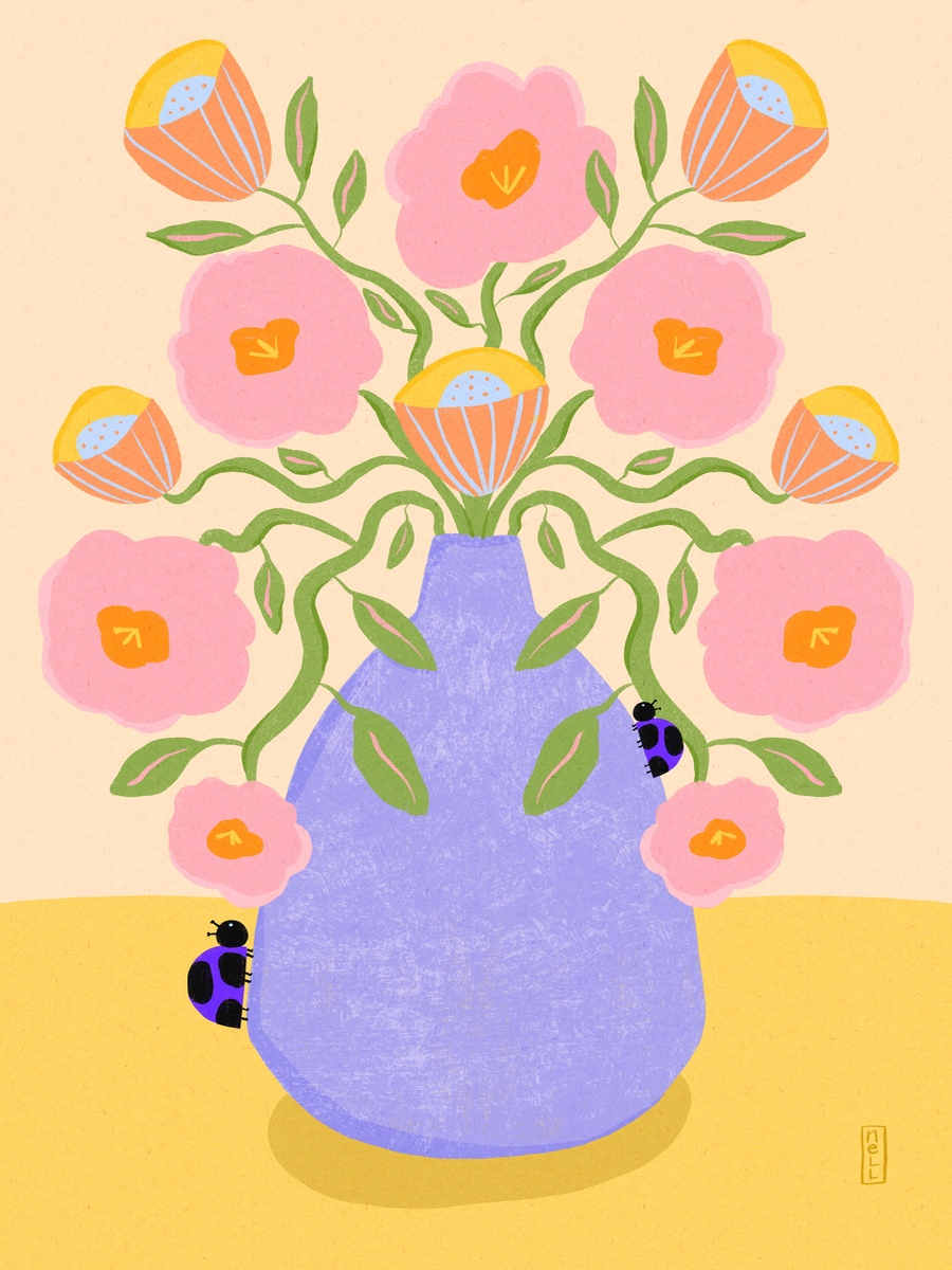 Summer Retro Flowers in a Vase Illustration Poster