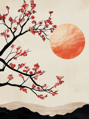 Illustration eines Kirschblütenbaums vor einer roten Sonne und einem beigen Himmel.