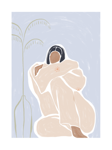 Illustration einer Frau in einem beigefarbenen Outfit mit orangefarbenen Sonnen, die auf einem Stuhl sitzt, vor einem blauen Hintergrund mit einer Pflanze in einer Vase.