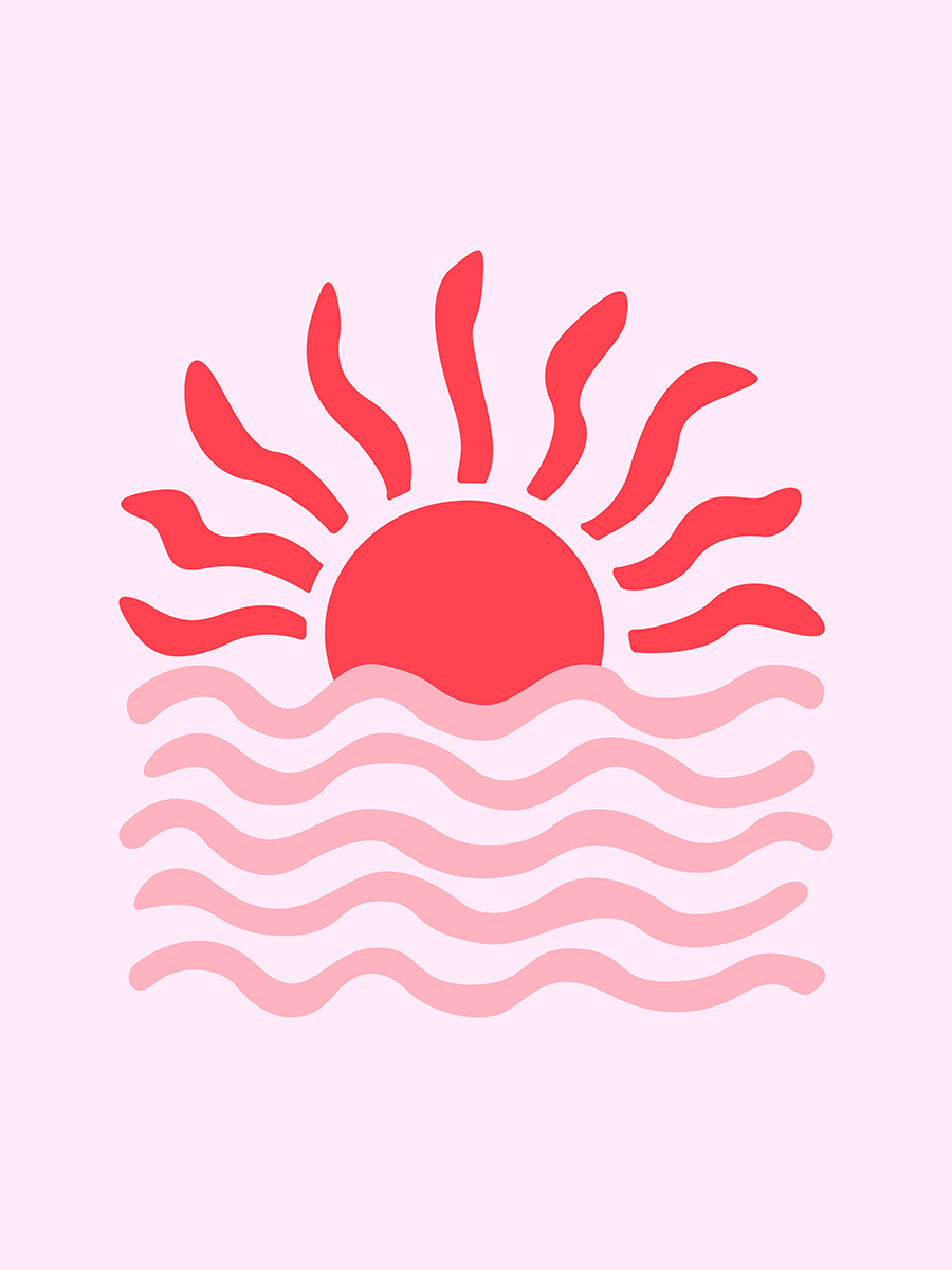 Illustration eines rot-rosa Sonnenuntergangs mit Wellen auf rosa Hintergrund.