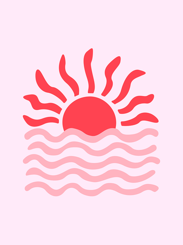 Illustration eines rot-rosa Sonnenuntergangs mit Wellen auf rosa Hintergrund.