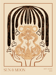 Grafische Illustration einer Vase in Beige, gehalten von zwei Händen, mit dem Text "Sun & Moon".