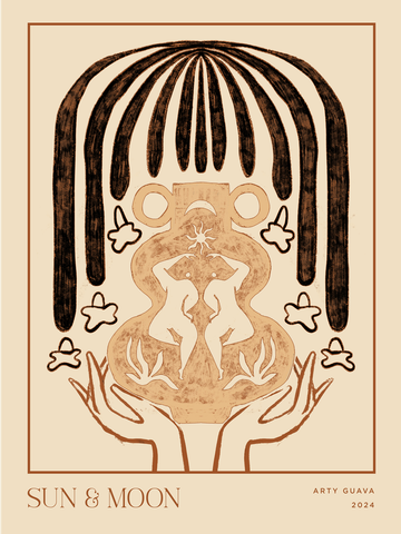 Grafische Illustration einer Vase in Beige, gehalten von zwei Händen, mit dem Text "Sun & Moon".