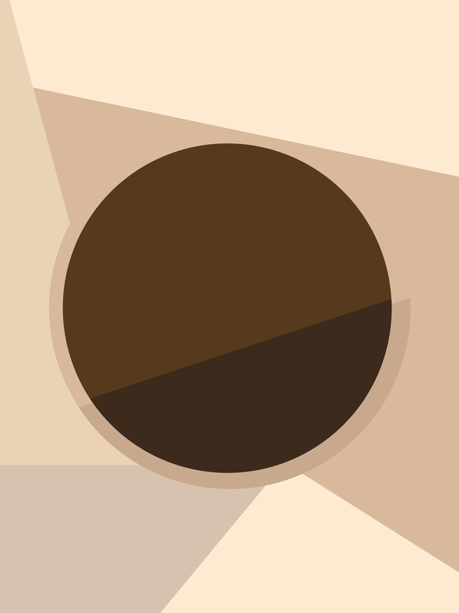 Grafische Illustration mit einer braunen Kugel vor einem beigen Hintergrund mit Formen in verschiedenen Beigetönen.