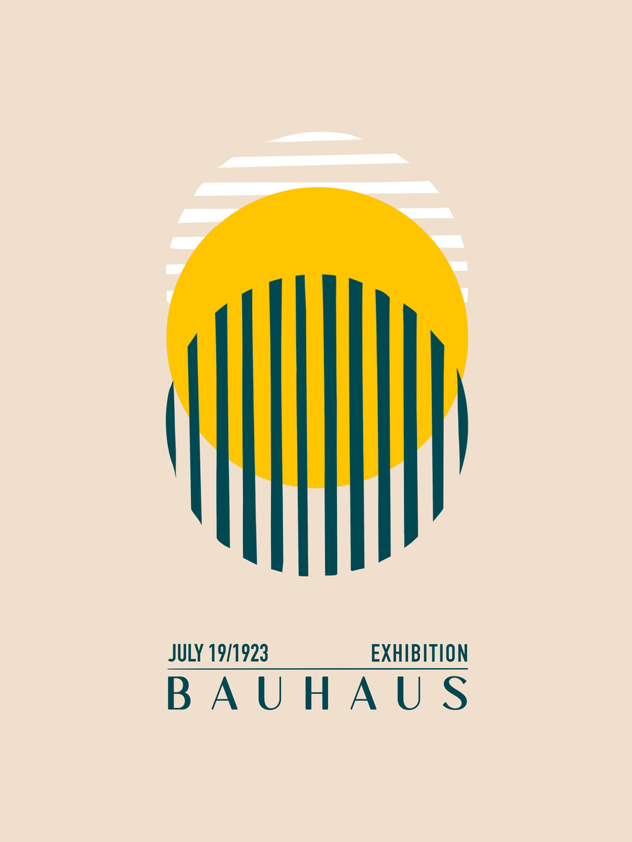 Grafische Illustration mit gelbem Kreis und schwarzen Streifen vor gestreiftem Hintergrund, Text "July 19/1923 exhibition Bauhaus".