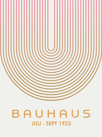 Grafik mit Linienbogen in Braun und Rosa, Text "Bauhaus Juli - Sept 1923" auf hellem Hintergrund.