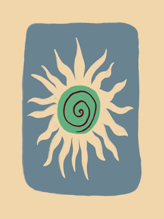 Poster mit stilisierter Sonne in Beige, grünem Zentrum und roter Spirale auf blauem Hintergrund.