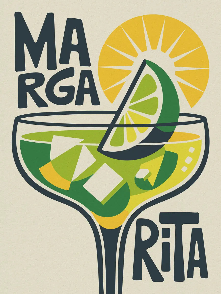 Grafische Illustration eines Margaritas mit Limettenscheibe, Eiswürfeln und gelber Sonne, Text "Margarita" in Schwarz.